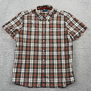 Macpac Shirt Mens Medium Grey Orange Plaid Short Sleeve Nylon Button Down Hiking